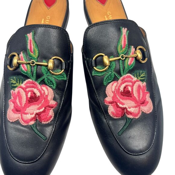 Gucci Princetown Rose Embroidered Black Loafer Mules Sz 40 Designer Iconic Flats - Picture 2 of 11